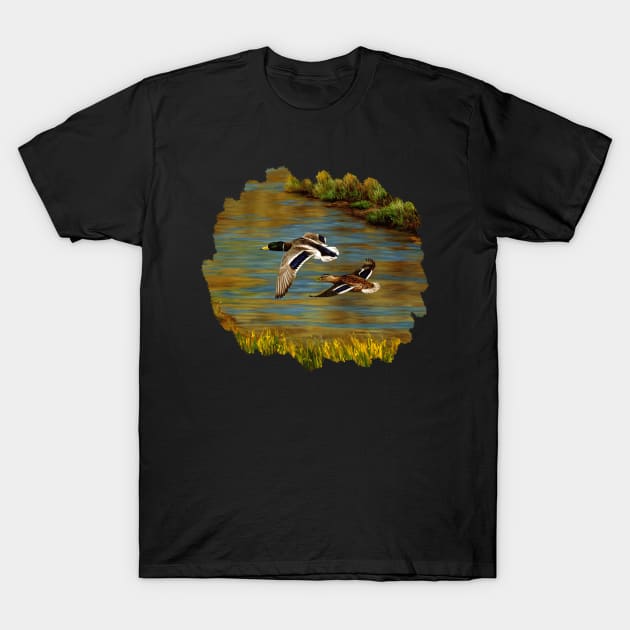 Mallard Ducks Flying Over Water in Wetlands T-Shirt by csforest